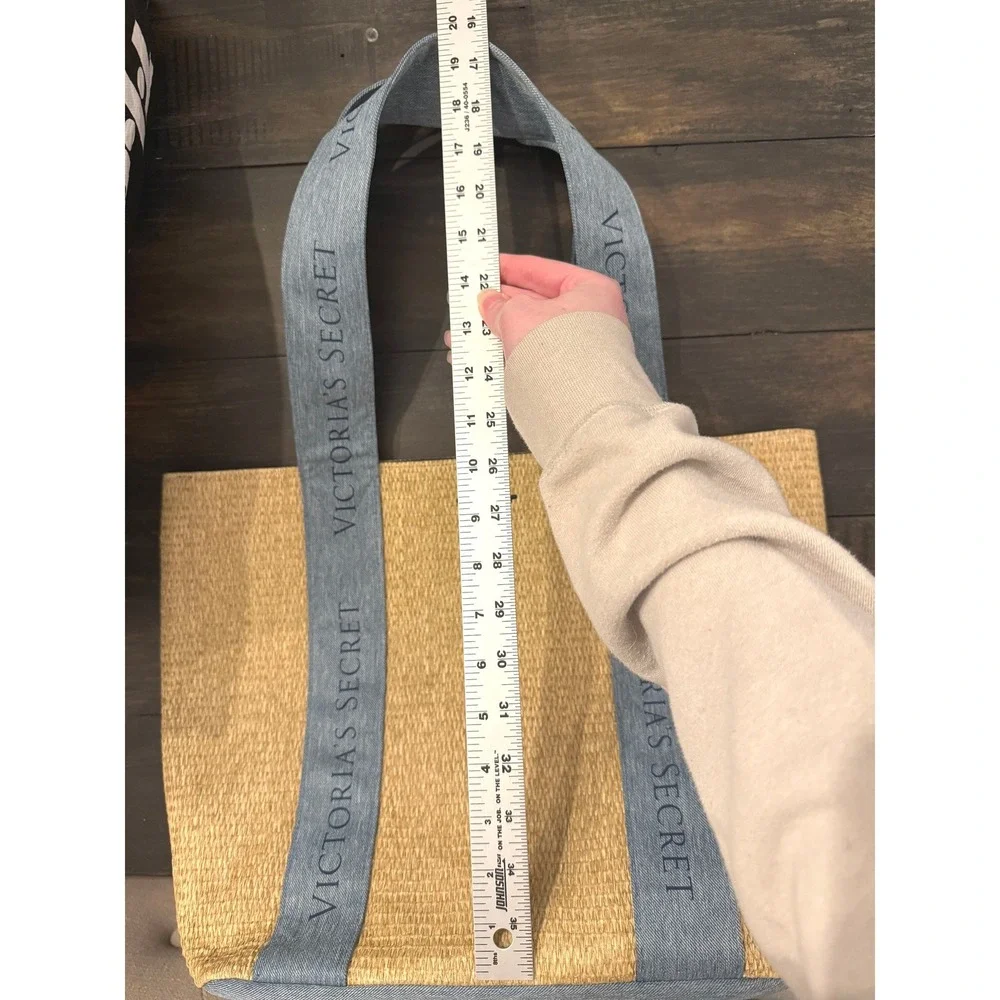 Victoria's Secret Paper Straw Tote Bag with Denim Logo Straps Lined Snap Closure